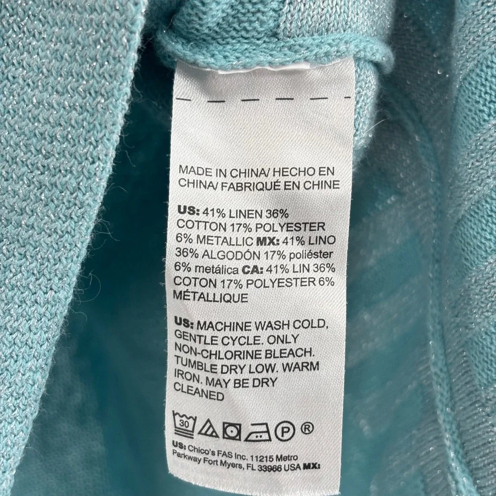 Chicos Tunic Top Linen Blend Short Sleeve Size 2 Large Aqua Shimmer